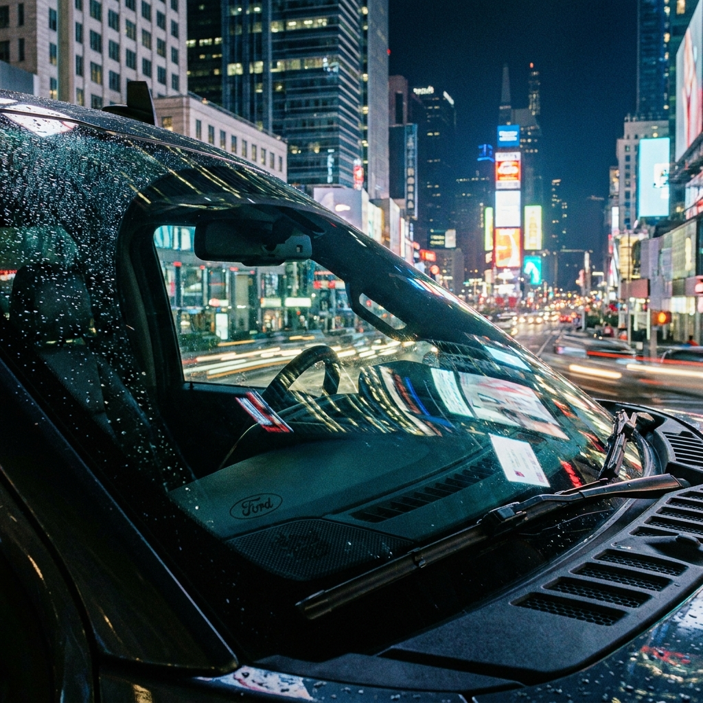 Para-brisa automotivo premium com reflexo da cidade noturna